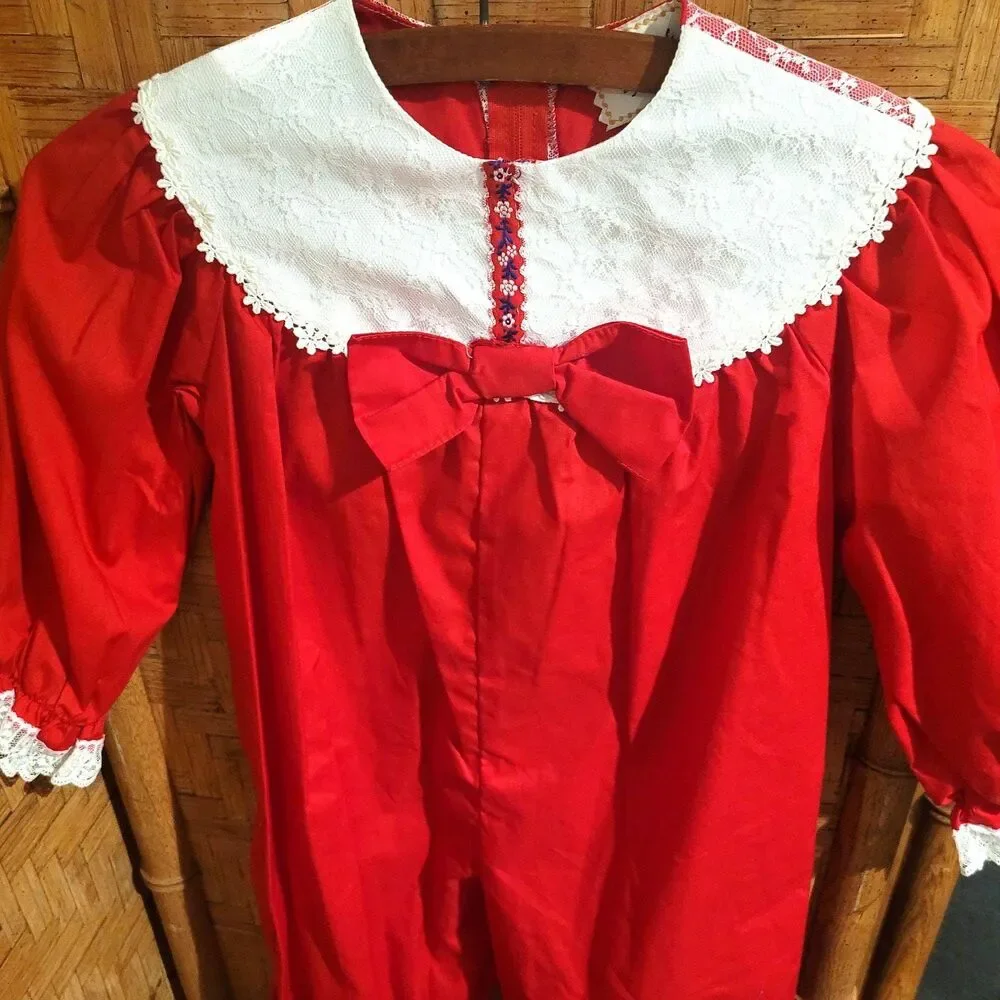 MINT Vtg 80s OOAK Red Christmas Toddler Romper Lace 4T One Piece Jumpsuit Outfit